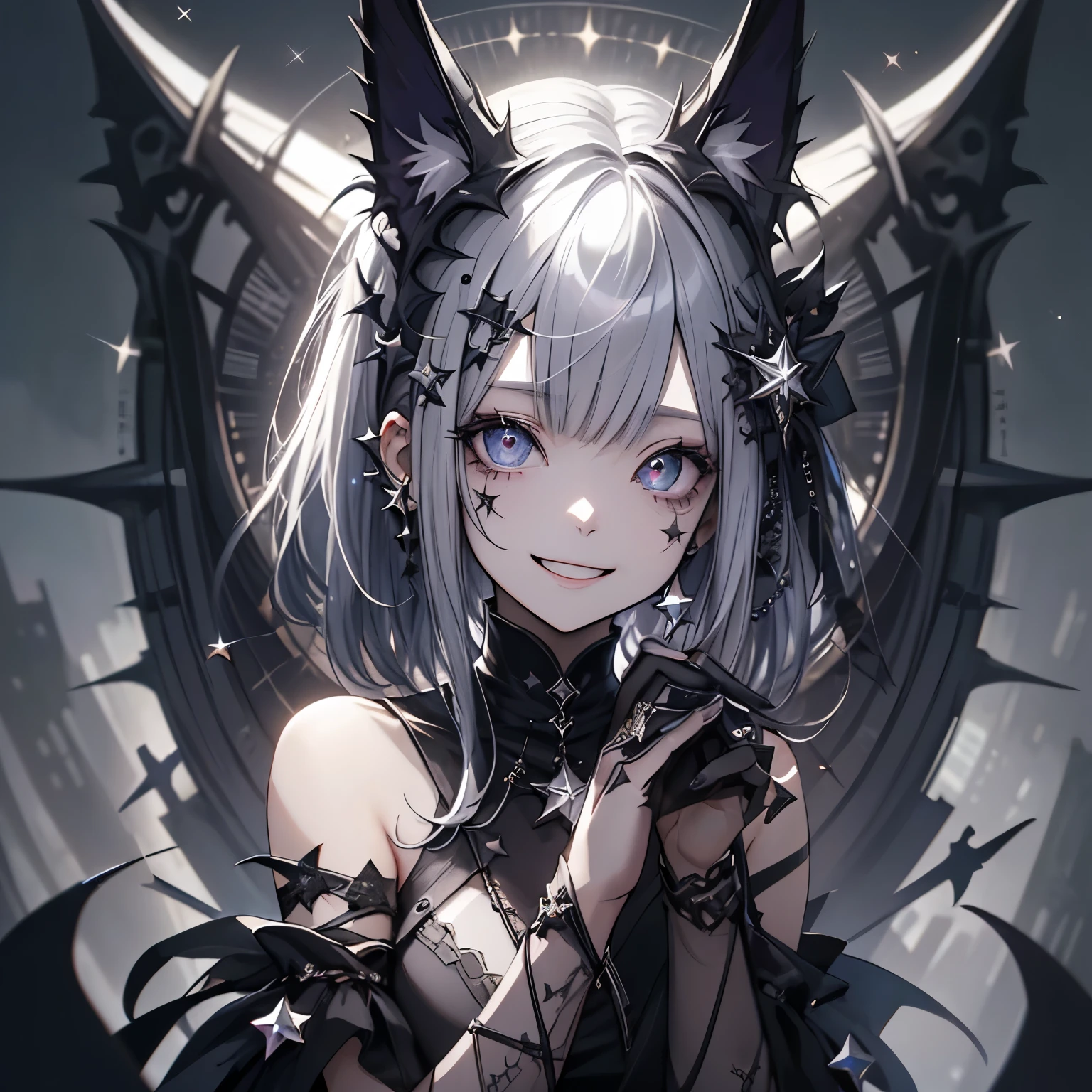 (masterpiece), Highest quality, Ultra-high resolution,Gothic、Silver Hair、Black Hair、Big smile、Bat、smile、Sick Makeup、(Background starry sky:1.3)、bamboo、night