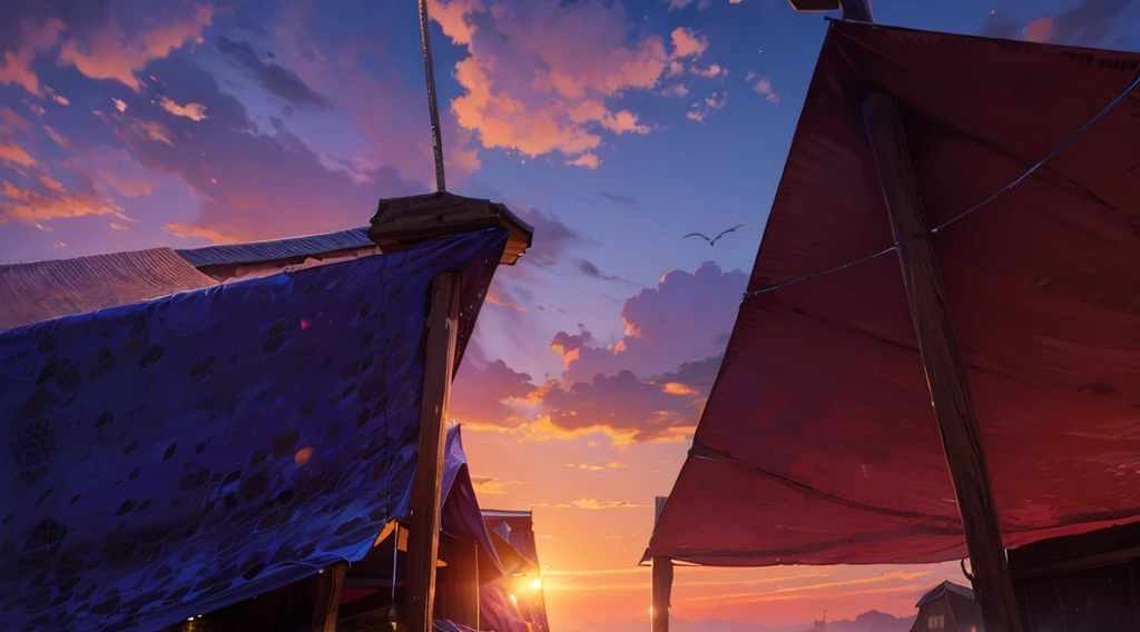 (under tarp canopy, wooden pole, under the market tents, under the canopies), wire, buildings roofs farr away, low angle, dawn sky, daybreak, sun rise from the left,