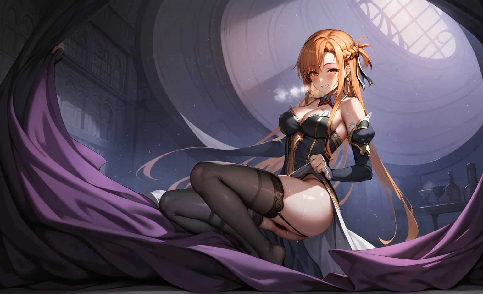 score_9, score_8_up, score_7_up, score_6_up, uncensored, asuna yuuki, orange hair, fold, braid, long hair, orange eyes, naughty face, shiny skin, sweating, steaming body, heavy breathing, BREAK (masterpiece:1.2), best quality, high resolution, unity 8k wallpaper, (illustration:0.8), (detailed eyes:1.3), perfect lighting, extremely detailed CG, (perfect hands, perfect anatomy), breasts, gloves, large_breasts, hat, cleavage, solo, thighhighs, blush, looking_at_viewer, black_legwear, sweat, indoors, witch_hat, flower, bare_shoulders, dress, smile,