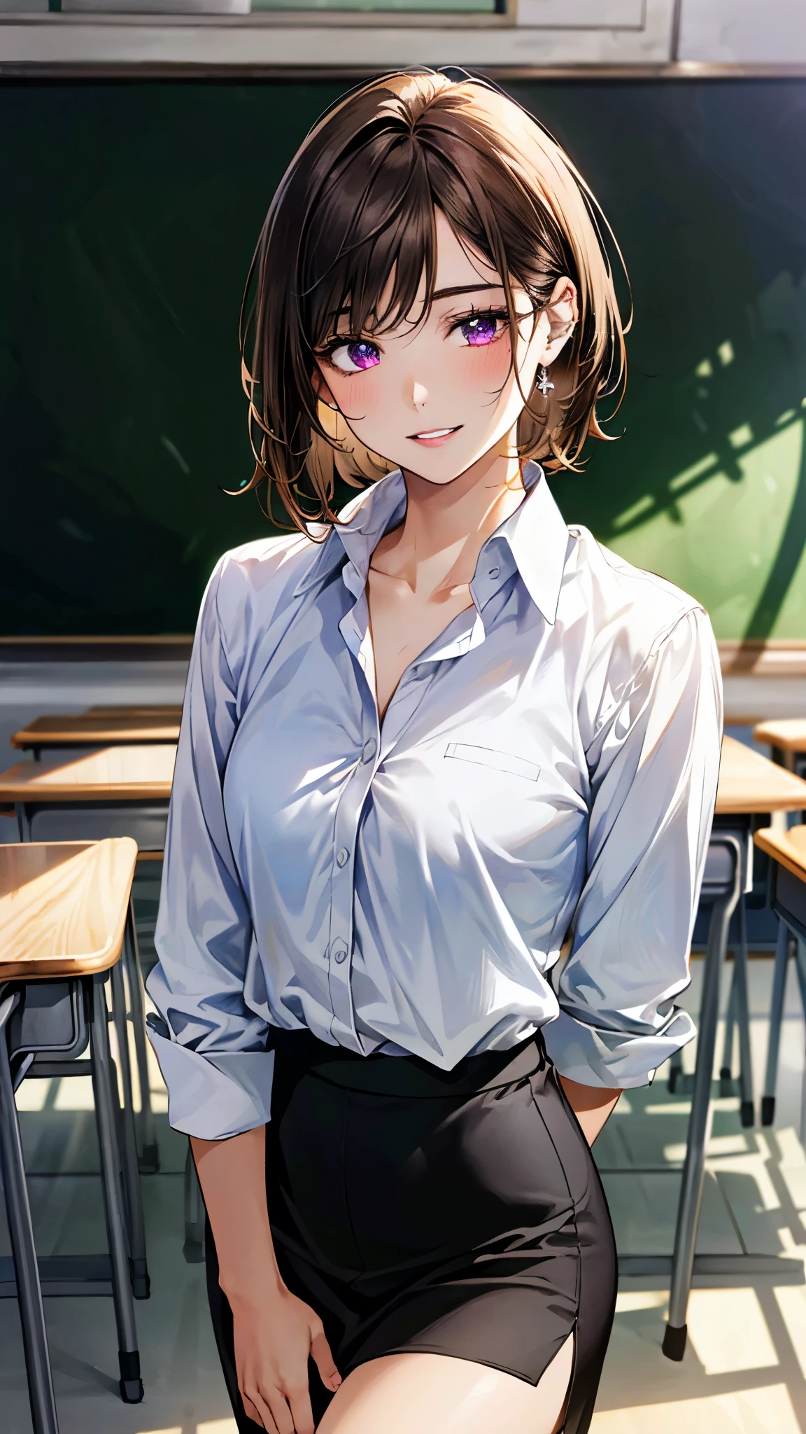 (masterpiece:1.3, top-quality, ultra high res, ultra detailed), (realistic, photorealistic:1.4), beautiful illustration, perfect lighting, natural lighting, colorful, depth of fields, 
beautiful detailed hair, beautiful detailed face, beautiful detailed eyes, beautiful clavicle, beautiful body, beautiful chest, beautiful thigh, beautiful legs, beautiful fingers, 
looking at viewer, 1 girl, high school teacher, 22 years old, perfect face, (perfect anatomy, anatomically correct), cute and symmetrical face, , , shiny skin, 
(short hair:1.5, graduated haircut, dark brown hair), swept bangs, dark purple eyes, slant eyes, big eyes, long eye lasher, (medium breasts), slender, 
(suit jacket, suit tight skirt, collared white shirt), 
(beautiful scenery), evening, (school classroom:1.2, blackboard, vase, blackboard eraser, chalk), standing, hands between legs, (lovely smile, parted lips), 