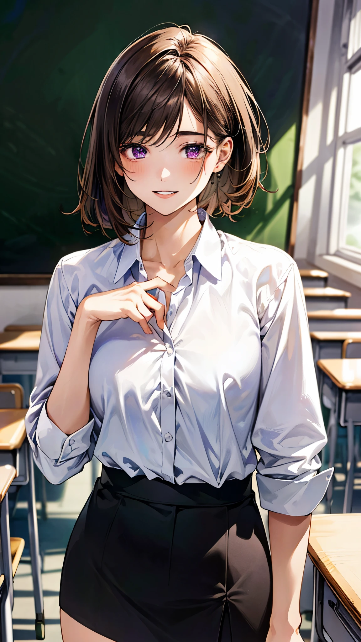(masterpiece:1.3, top-quality, ultra high res, ultra detailed), (realistic, photorealistic:1.4), beautiful illustration, perfect lighting, natural lighting, colorful, depth of fields, 
beautiful detailed hair, beautiful detailed face, beautiful detailed eyes, beautiful clavicle, beautiful body, beautiful chest, beautiful thigh, beautiful legs, beautiful fingers, 
looking at viewer, 1 girl, high school teacher, 22 years old, perfect face, (perfect anatomy, anatomically correct), cute and symmetrical face, , , shiny skin, 
(short hair:1.5, graduated haircut, dark brown hair), swept bangs, dark purple eyes, slant eyes, big eyes, long eye lasher, (medium breasts), slender, 
(suit jacket, suit tight skirt, collared white shirt), 
(beautiful scenery), evening, (school classroom:1.2, blackboard, vase, blackboard eraser, chalk), standing, hands between legs, (lovely smile, parted lips), 