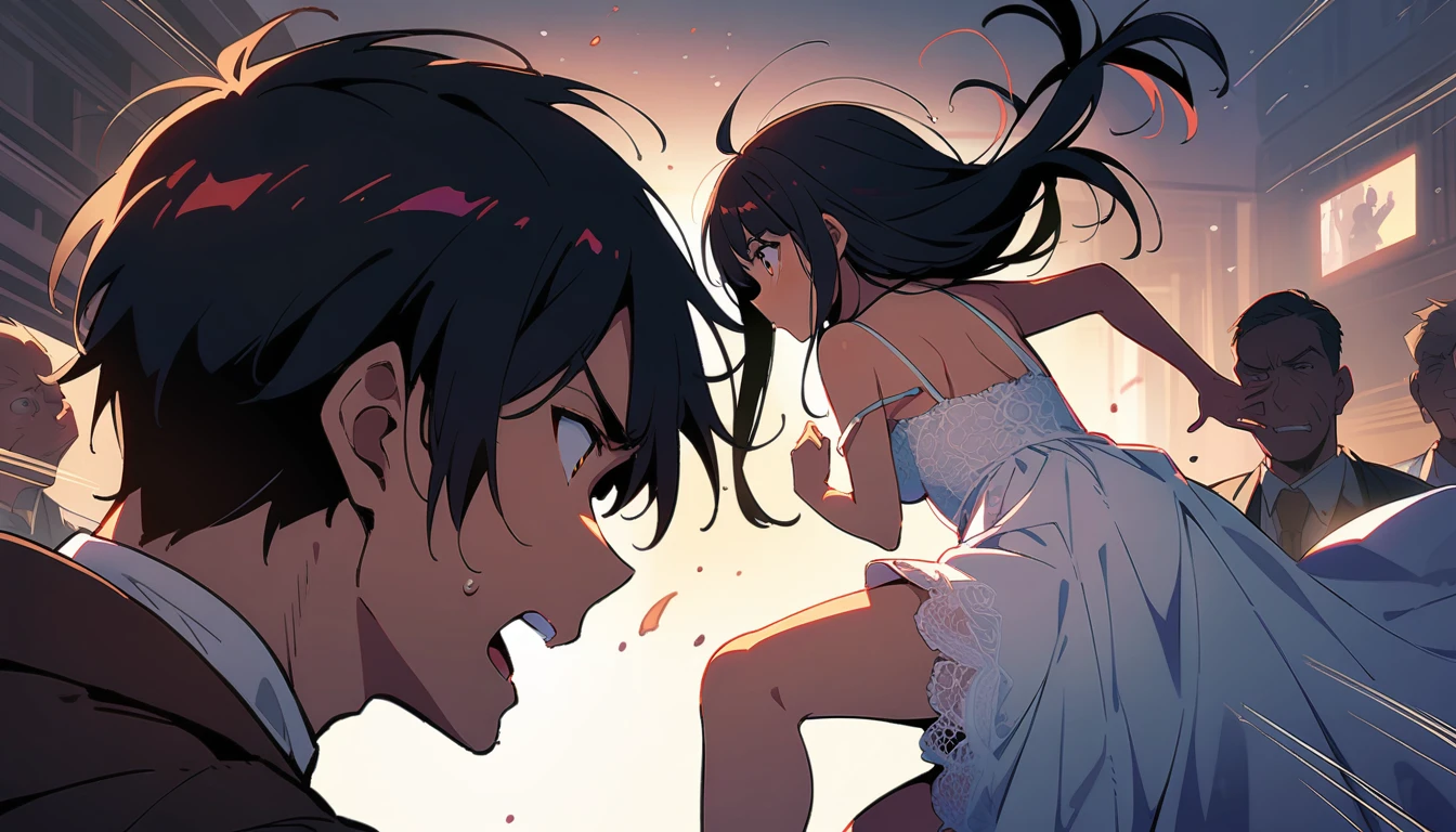Long black haired girl、20age、White luxurious lace lingerie slip、In underwear、Being attacked by a man、fear、resistance、Shyness、Standing posture、Men's Room