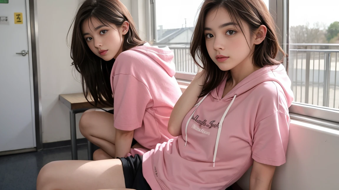 deux femmes ensemble de 18 ans sexy et mince , pink short sleeve hoodie , salle de classe, se touche,position sey,sensuel