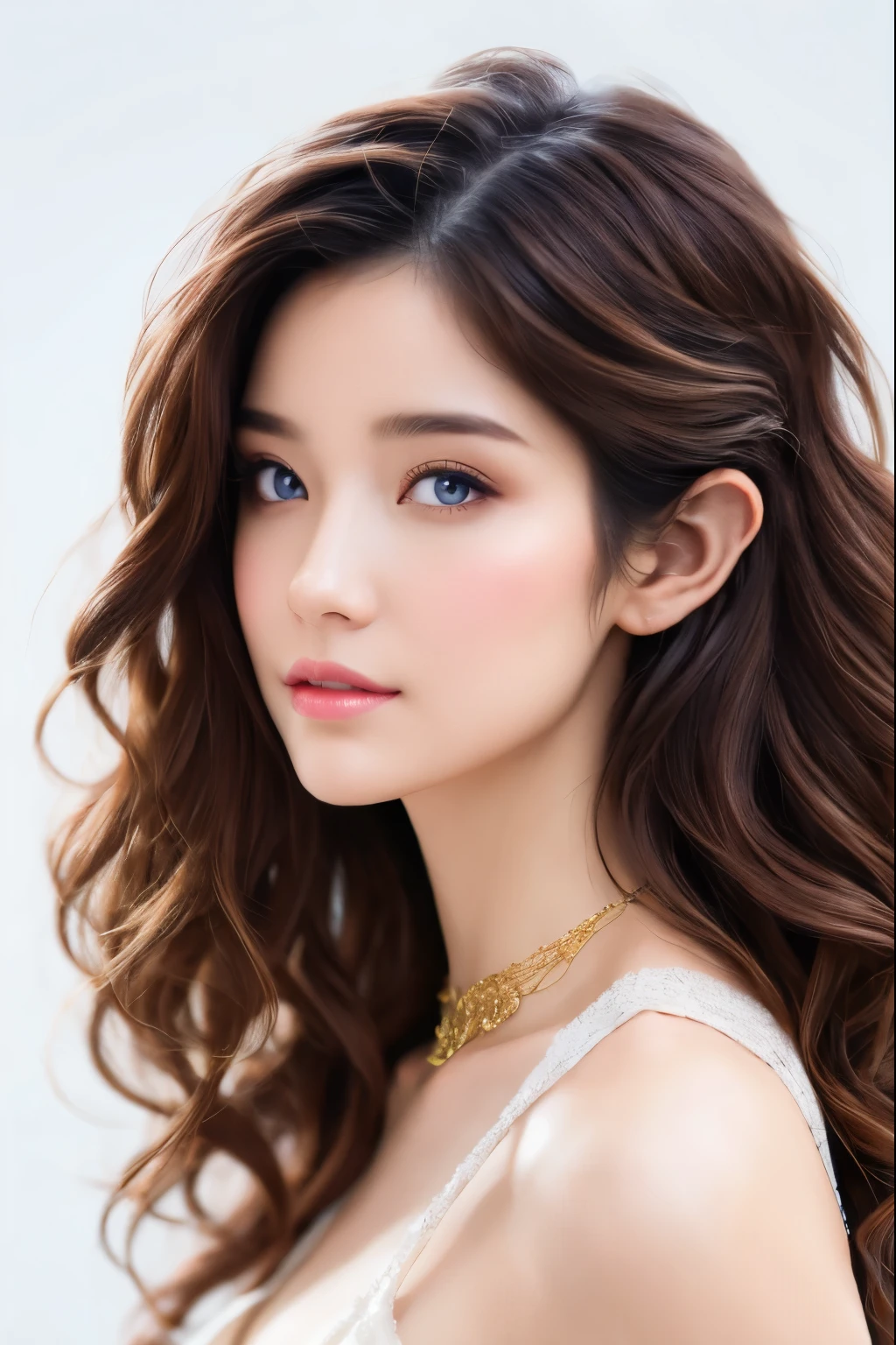 Beautiful sexy Japanese elf girl, concept art, 8k intricate details, surreal fairytale style, head tilt, upper body, oversized detailed {blue|haze|} eyes, looking down, seductive, textured hair, simple {charcoal|white} background, soft muted pastel colored pencil illustration, intricate gold filigree necklace, from side, multicolored {brown|black|white} hair, wispy curled hair, style of Carne Griffiths, (unfinished sketch), extremely high detail,midjourney,1 girl,Mysticstyle