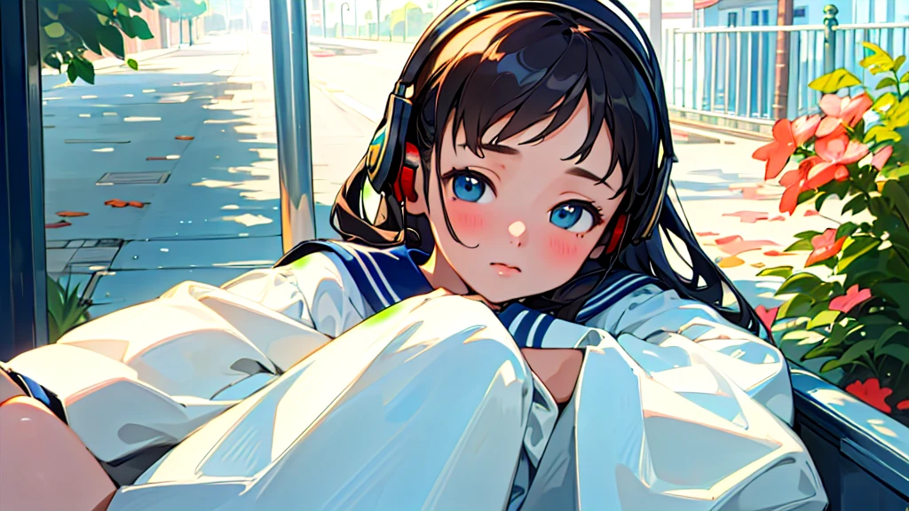 (Highest quality, masterpiece, Ultra-realistic), Beautiful and delicate15Year-old girl portrait, With a calm and gentle expression, The background is a quiet street in the evening.。While listening to music with headphones、Looking at me。Sailor suit