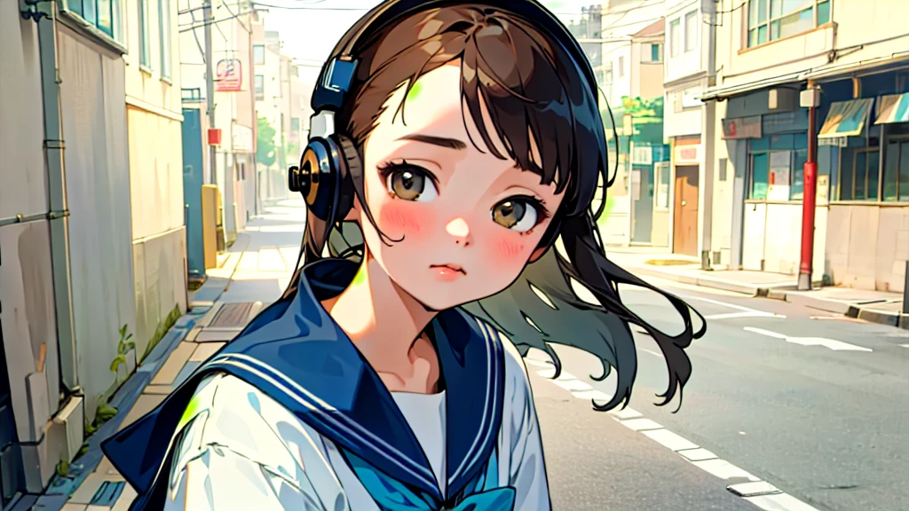 (Highest quality, masterpiece, Ultra-realistic), Beautiful and delicate１５Year-old girl portrait, With a calm and gentle expression, The background is a quiet street in the evening.。While listening to music with headphones、Looking at me。Sailor suit