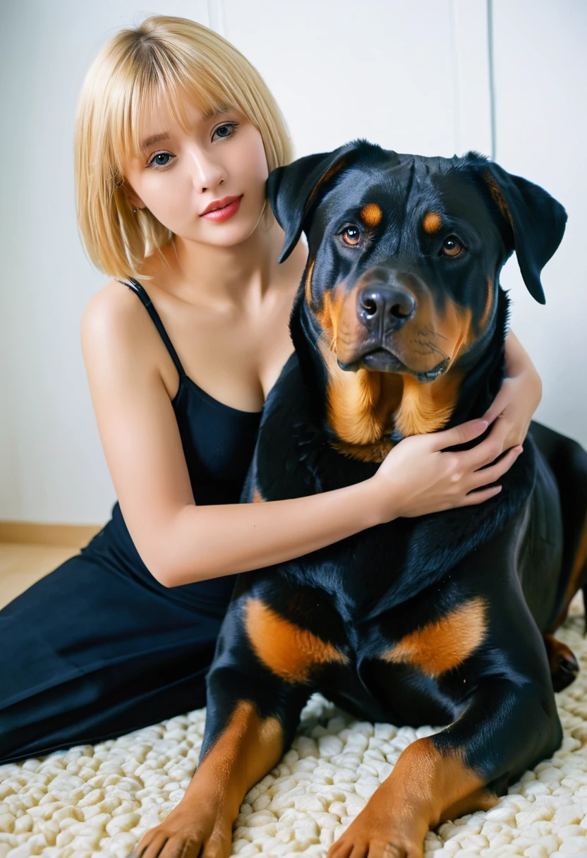 Pretty girl 4 years blonde, flat chest, having vaginal sex, deforming her belly full of semen, a dog, animal, pet, Rottweiler, Canine Race