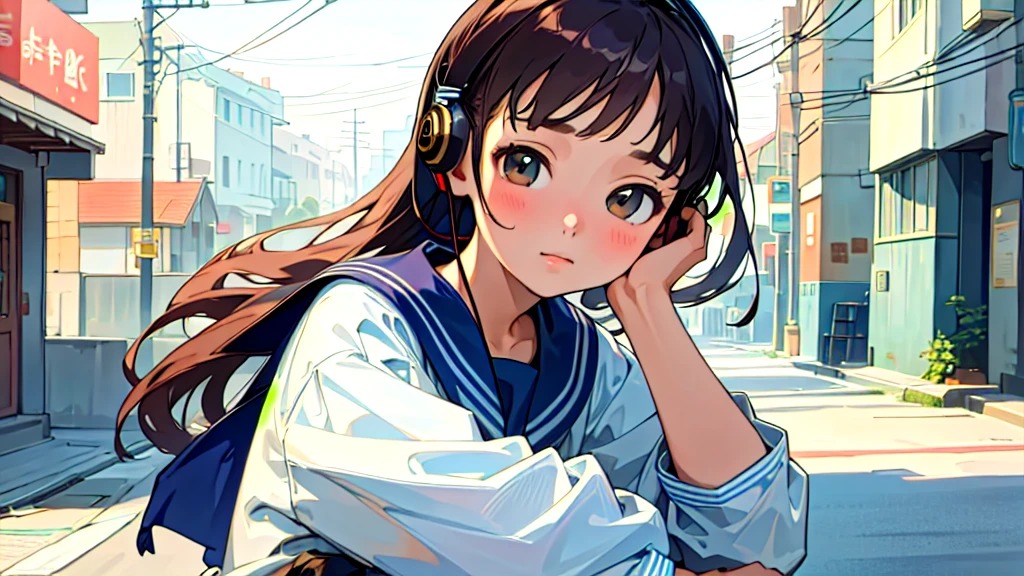 (Highest quality, masterpiece, Ultra-realistic), Beautiful and delicate15Year-old girl portrait, With a calm and gentle expression, The background is a quiet street in the evening.。While listening to music with headphones、Looking at me。Sailor suit