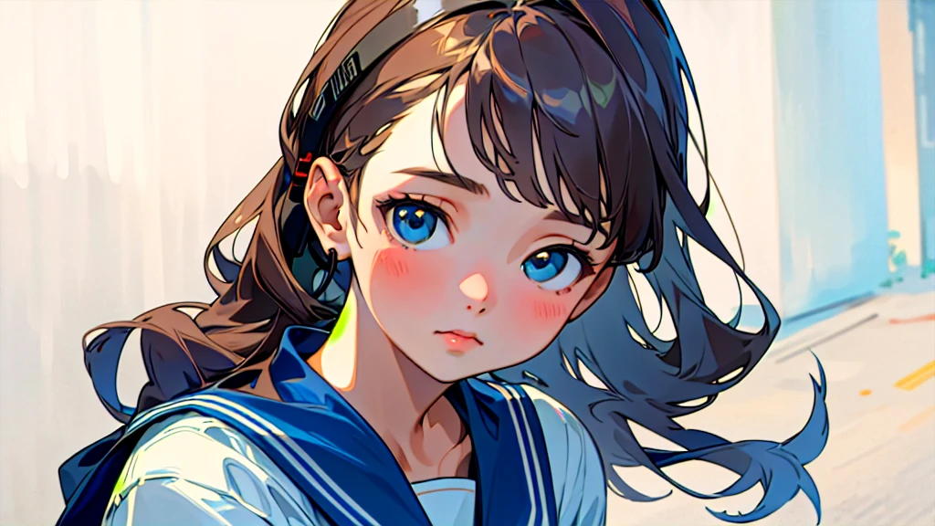 (Highest quality, masterpiece, Ultra-realistic), Beautiful and delicate１５Year-old girl portrait, With a calm and gentle expression, The background is a quiet street in the evening.。While listening to music with headphones、Looking at me。Sailor suit