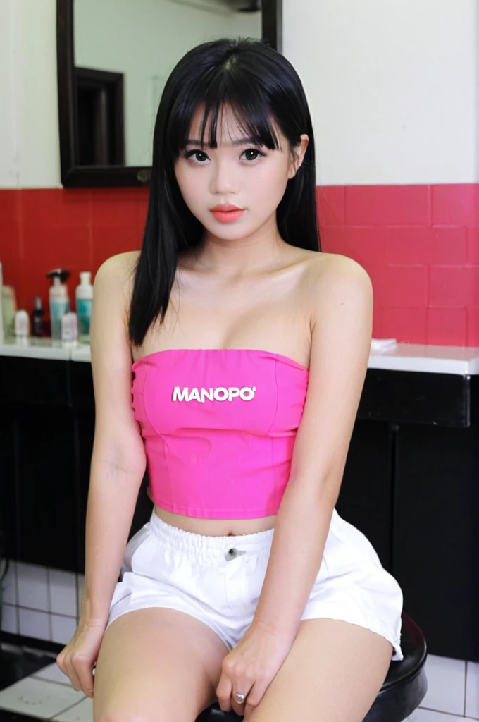 close-up of beautiful Indonesian, Amanda Manopo is a Indonesian actress and model, age 24 years old girl, youthful face, white skin body, perfect body, shoulder hair, black hair, straight hair, flat bangs cut, bust size 38 inches, wearing a tight plain hot pink strapless tube top, wearing a tight plain standard white short pants, Manopo holding breasts with her own two hands is very sexy and sigh, Manopo holding breasts with her own two hands is very sexy and sigh, Manopo squeezes the breasts very seductively, Manopo lowered her strapless tube top a little bit, Manopo sits on the male-only barbershop, Manopo pees in the male-only barbershop with a sigh, Manopo pees, Manopo peed herself until she was wet, ((peeing self)), ((wet pee)), my hair was held by a male barber, then male barber held a pair of scissors in his right hand, then had my hair forcibly cut by a male barber using scissors to make me sigh, strand after strand of Manopo’s hair fell down, pieces of Manopo’s hair now filled the floor around where she was sitting, ((Manopo’s hair was cut using a pair of scissors by her male barber)), (the remaining hair pieces were scattered on the barbershop floor)), ((strands of Manopo's hair fell down)), ((the remaining hair pieces fell under the floor), sexy looking pose, pose a naughty look, pose looks seductive, at a male-only barbershop, UHD