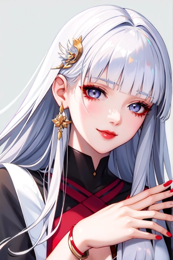 1girl, solo, long hair, looking at viewer, smile, blue eyes, hair ornament, white background, jewelry, white hair, closed mouth, blunt bangs, nail polish, bracelet, lips, grey eyes, portrait, red nails, close-up, red lips, hands on own face, hands on own cheeks,(mature female),(shiny skin),((steaming body))