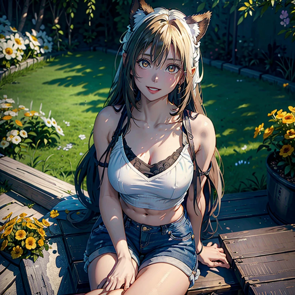 Girl with dog ears and tail, erect ears, honey yellow eyes, Highly detailed eyes, long hair and(( White)) with a small braid on the sides, denim shorts, translucent and low-cut blouse, whole body, looking up, open mouth smile, big chest, beautiful body, detailed face y con amplia gama de gestos, sitting on a bench around a garden with flowers of various colors, detailed background, detailed face, Play of light and shadows, cinematographic, high quality, 8k, Masterpiece, 