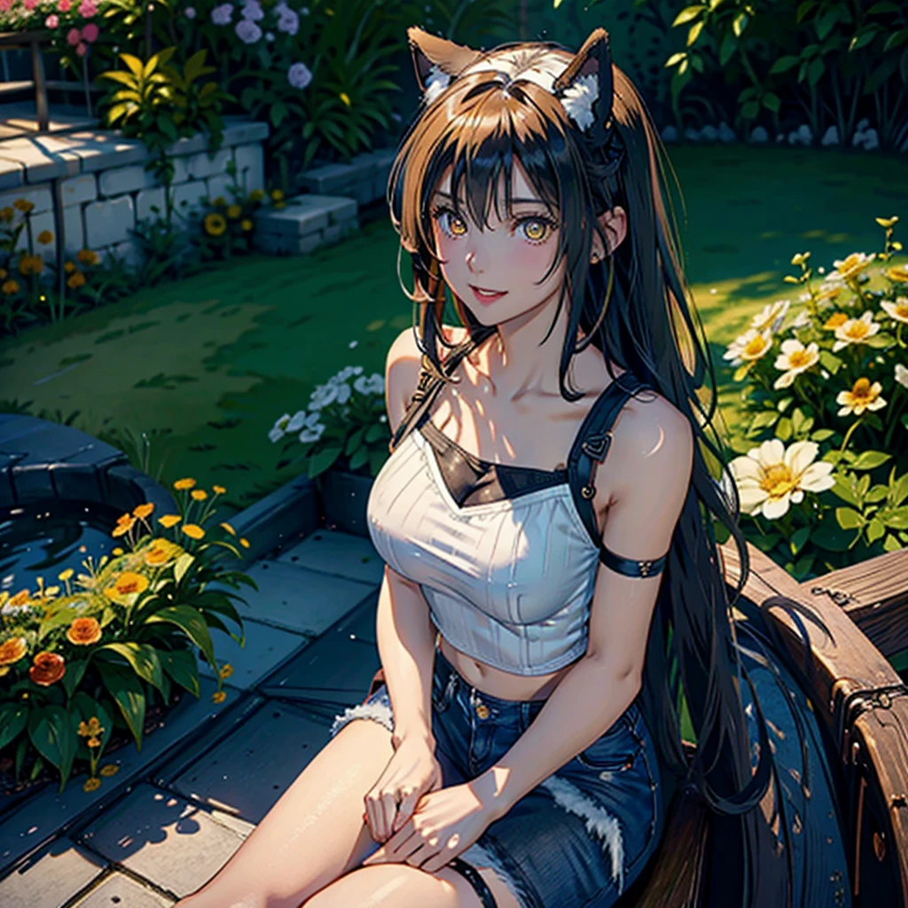Girl with dog ears and tail, erect ears, honey yellow eyes, Highly detailed eyes, long hair and(( White)) with a small braid on the sides, denim shorts, translucent and low-cut blouse, whole body, looking up, open mouth smile, big chest, beautiful body, detailed face y con amplia gama de gestos, sitting on a bench around a garden with flowers of various colors, detailed background, detailed face, Play of light and shadows, cinematographic, high quality, 8k, Masterpiece,