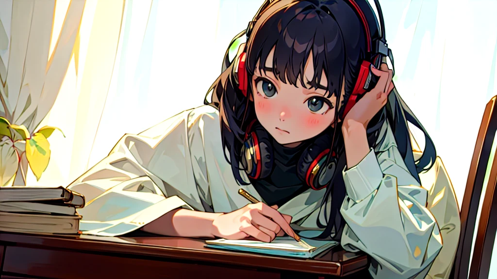 (Highest quality, masterpiece, Ultra-realistic), Beautiful and delicate15Year-old girl portrait, With a calm expression, The background scene shows him studying hard at his desk in his room at home.。Wearing headphones。