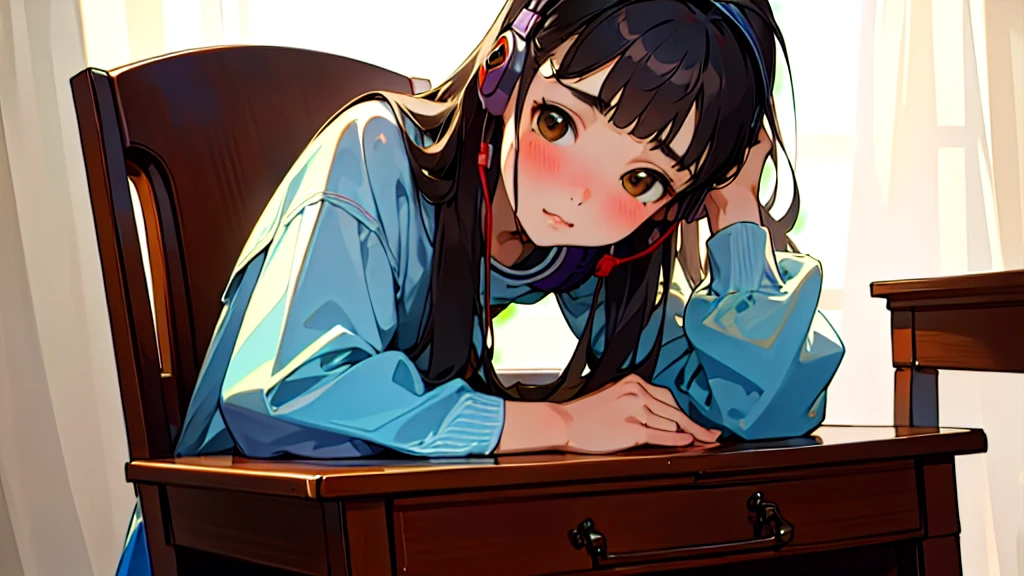 (Highest quality, masterpiece, Ultra-realistic), Beautiful and delicate15Year-old girl portrait, With a calm expression, The background scene shows him studying hard at his desk in his room at home.。Wearing headphones。