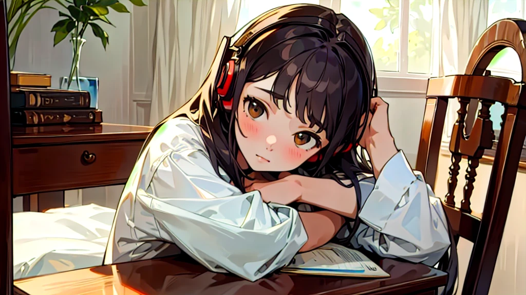 (Highest quality, masterpiece, Ultra-realistic), Beautiful and delicate15Year-old girl portrait, With a calm expression, The background scene shows him studying hard at his desk in his room at home.。Wearing headphones。