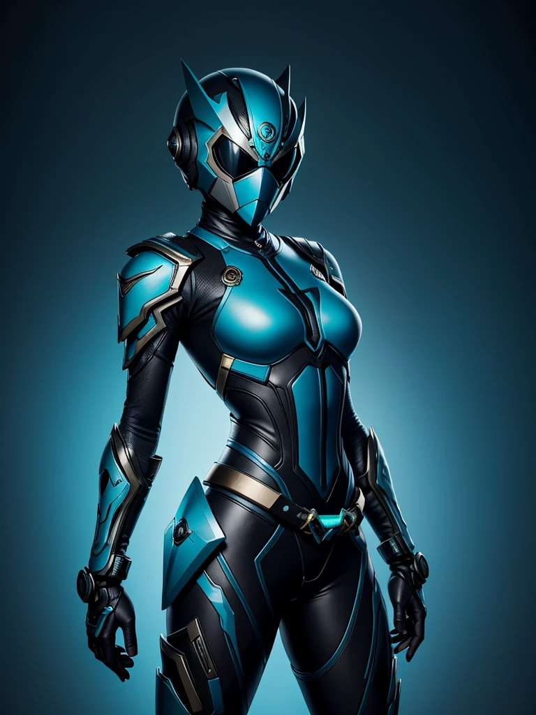 Teenage girl. Slim body. Female Kamen rider. Leviathan styled kamen rider. Blue and black female kamen rider suit. Leviathan styled full face kamen rider helmet. No face exposed. No hair exposed. Kamen rider belt. Standing pose. Blue background.