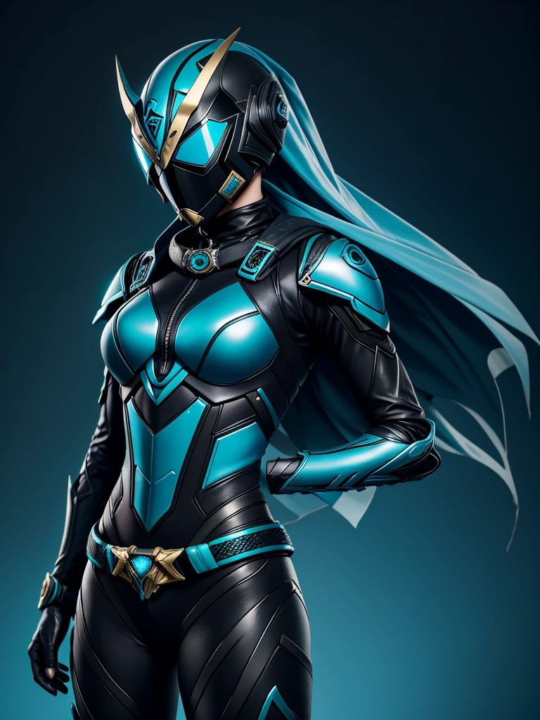 Teenage girl. Slim body. Female Kamen rider. Leviathan styled kamen rider. Blue and black female kamen rider suit. Leviathan styled full face kamen rider helmet. No face exposed. No hair exposed. Kamen rider belt. Standing pose. Blue background.