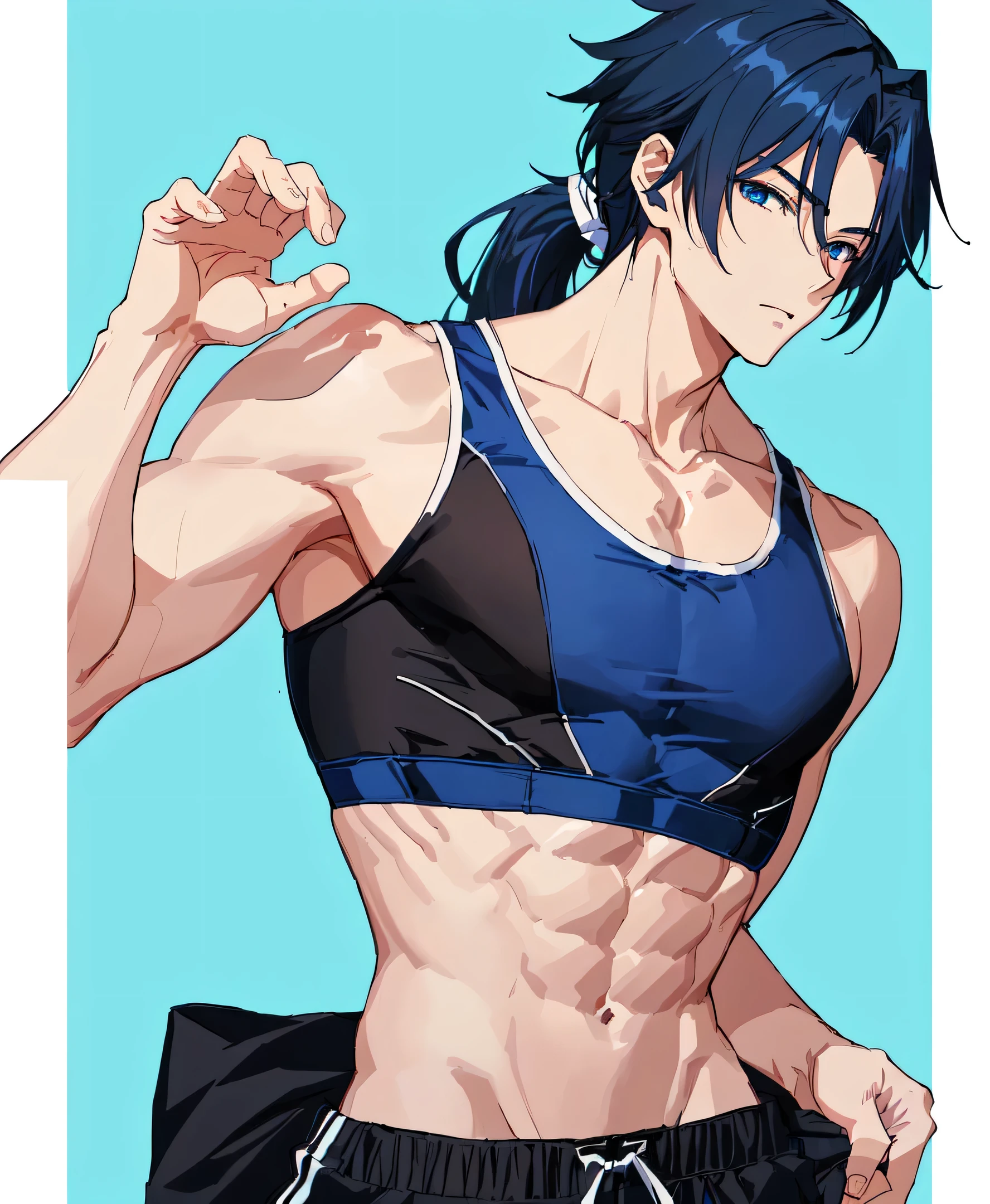 Blue sports braと黒いショーツを着たアニメの男の子、solo、Long Hair、Black Hair、blue eyes、ponytail、Handsome anime pose、muscular!!、Tall anime boy with blue eyes、Anime Handsome Man、2D Anime Style、Male Anime Characters、Cool anime boys、Wearing a sports bra、Blue sports bra、black shorts、sports bra with an blue、shorts with an black、Official studio anime stills、muscular!、muscular!!、seductive anime boy、Tall Boy、Young Anime Guyの子、、perfect body、perfect hands、perfect fingers、perfect legs、perfect arms、sportsbra and panty only、Handsome anime pose、Toned body、(male body:1.3)、Smooth anime CG art、Physically sporty、Young Anime Guy、Male Anime Style、Anime Shōnen、