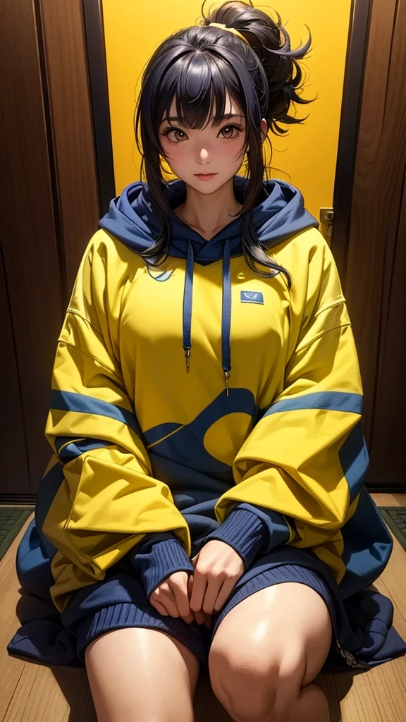 (masterpiece, highest quality, highest resolution, distinct_image, detailed details) A mature japanese woman, 28 yo, wearing oversized hoodie combination of dark blue and yellow, hoodie design