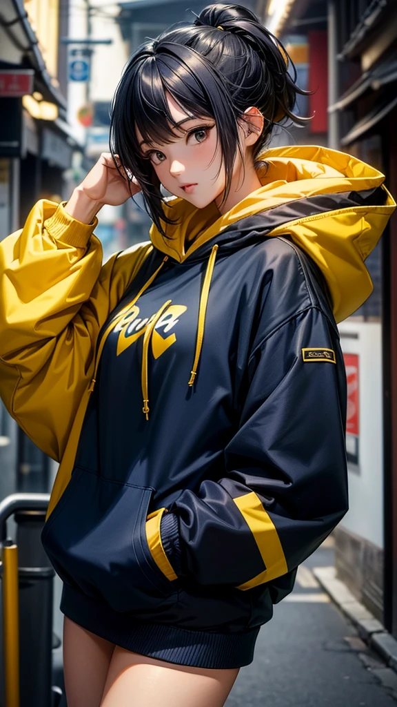 (masterpiece, highest quality, highest resolution, distinct_image, detailed details) A mature japanese woman, 28 yo, wearing oversized hoodie combination of dark blue and yellow, hoodie design 