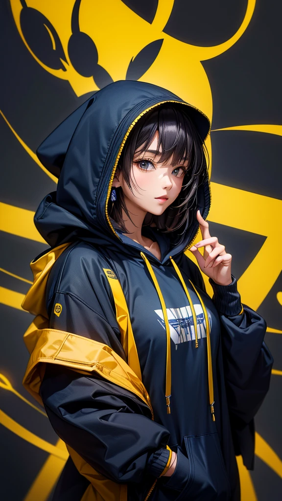 (masterpiece, highest quality, highest resolution, distinct_image, detailed details) A mature japanese woman, 28 yo, wearing oversized hoodie combination of dark blue and yellow, hoodie design