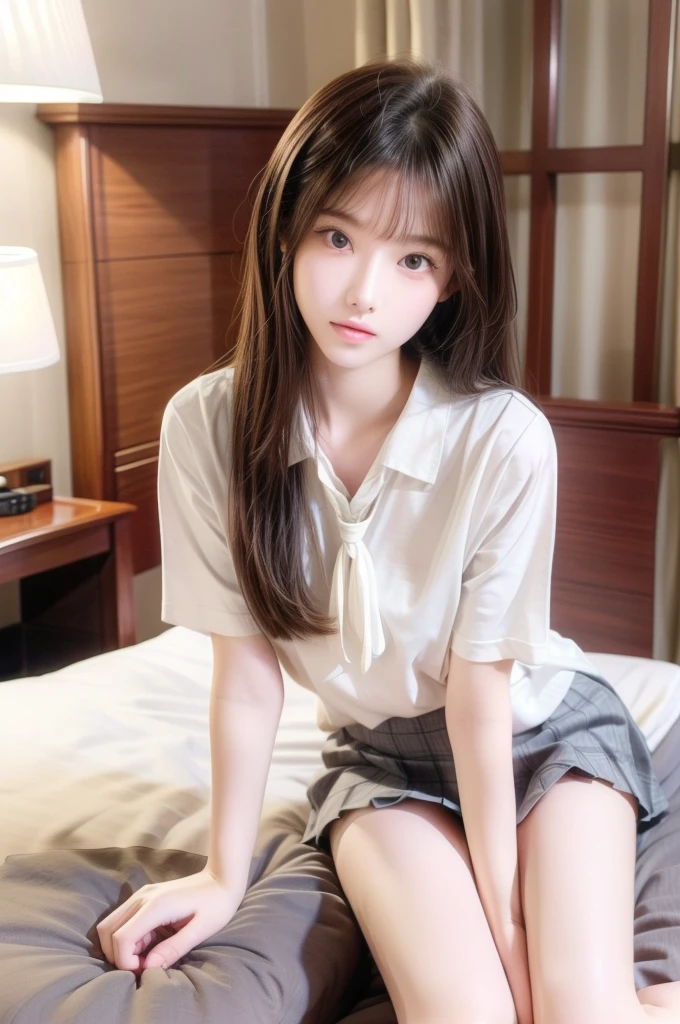 masterpiece, Highest quality, (a beauty girl:1.3), (:1.3), Very fine grain definition, (Symmetrical eyes:1.3), (school uniform, Short sleeve, White shirt, neckerchief:1.2), mini skirt,Thighs,Brown eyes, Parted bangs, Brown Hair, girl, delicate girl, (Eye and facial details:1.0), (RAW Photos, Professional Lighting, Film Grain, chromatic aberration),((Detailed hotel big bed:1.3)),sit、
