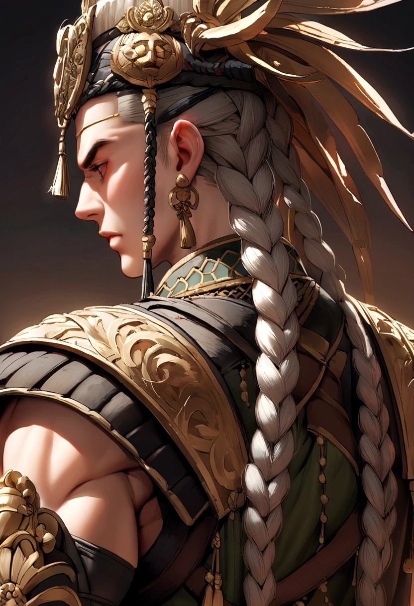 Japanese，Samurai Head，Back of the head，Baldhead，Wearing braids，Mediterranean