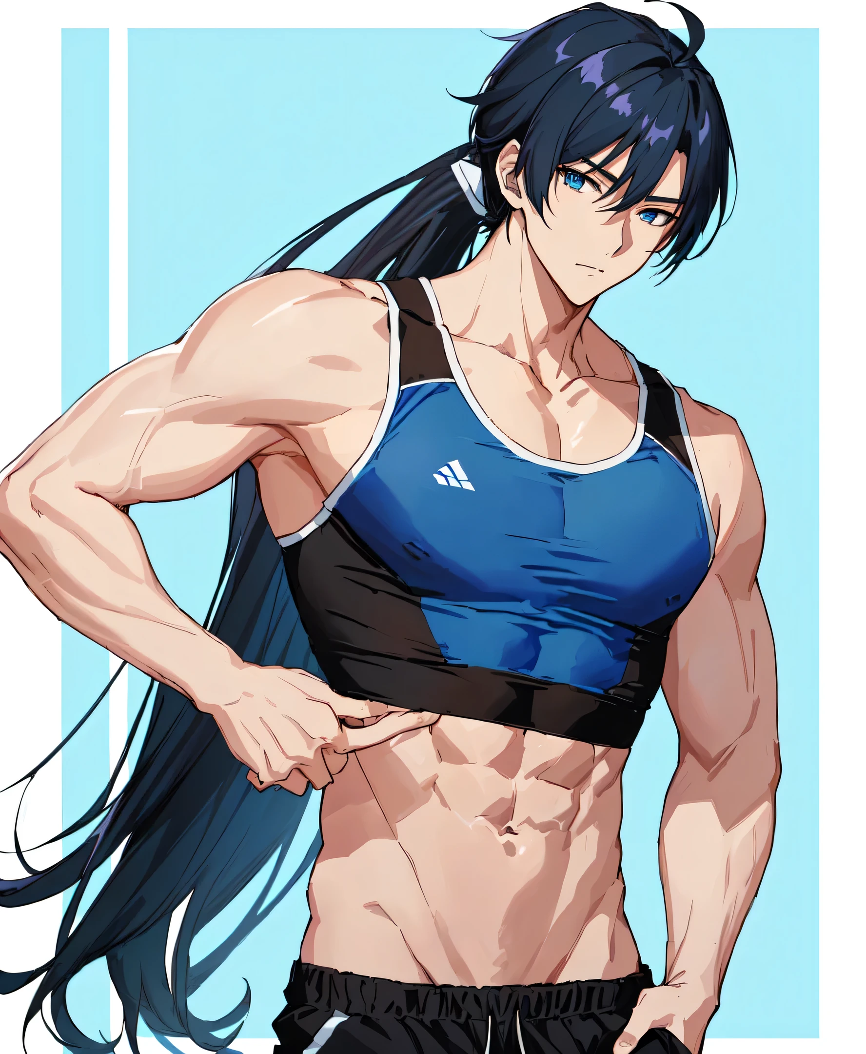 Blue sports braと黒いショーツを着たアニメの男の子、solo、Long Hair、Black Hair、blue eyes、ponytail、Handsome anime pose、muscular!!、Tall anime boy with blue eyes、Anime Handsome Man、2D Anime Style、Male Anime Characters、Cool anime boys、Wearing a sports bra、Blue sports bra、black shorts、sports bra with an blue、shorts with an black、Official studio anime stills、muscular!、muscular!!、seductive anime boy、Tall Boy、Young Anime Guyの子、14 years old、perfect body、perfect hands、perfect fingers、perfect legs、perfect arms、sportsbra and panty only、Handsome anime pose、Toned body、(male body:1.3)、Smooth anime CG art、Physically sporty、Young Anime Guy、Male Anime Style、Anime Shōnen、