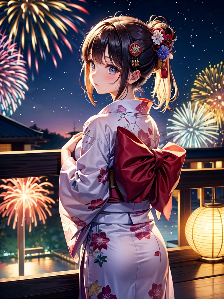 Highest quality,Highest Resolution,A beautiful girl in a yukata looking up at fireworks,