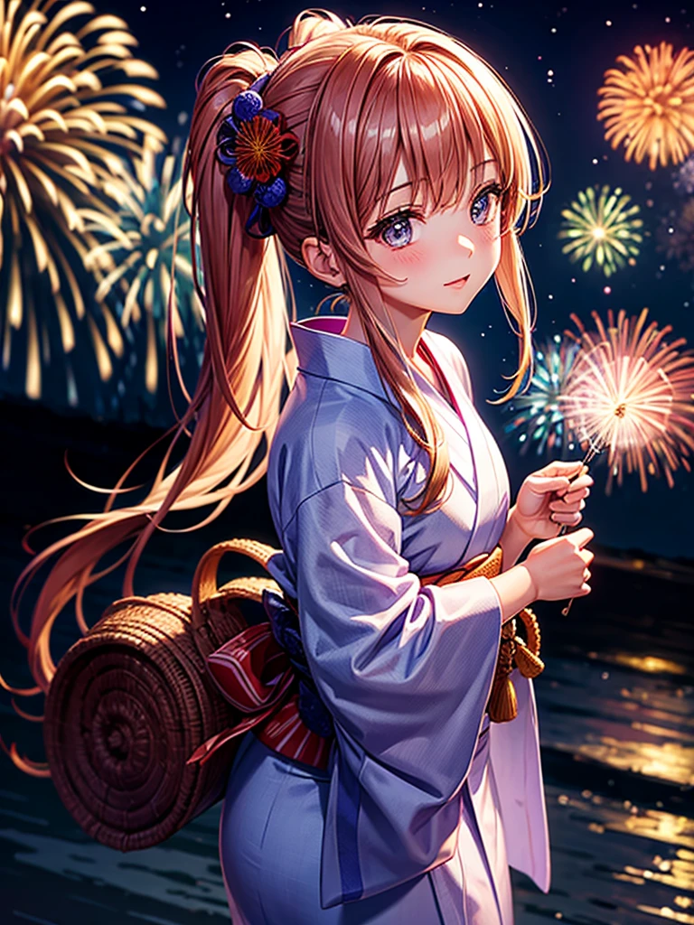 Highest quality,Highest Resolution,A beautiful girl in a yukata looking up at fireworks,