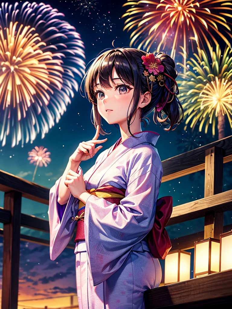 Highest quality,Highest Resolution,A beautiful girl in a yukata looking up at fireworks,