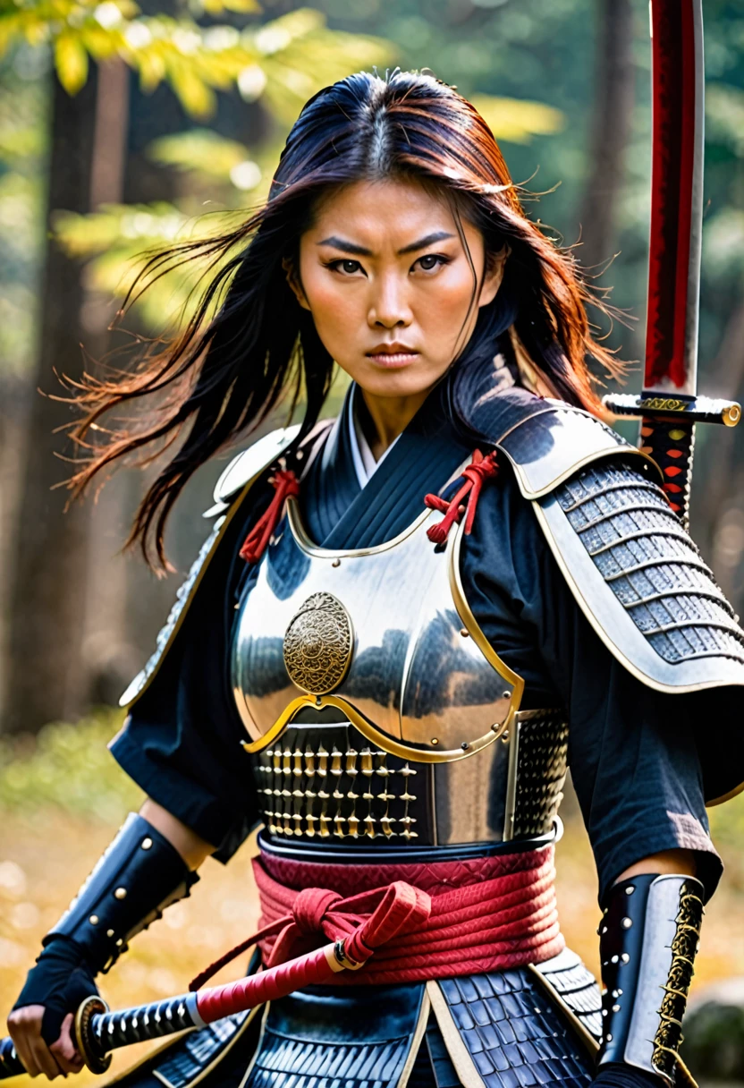 a picture of Japanese female samurai, she has long black hair, wearing samurai armor, armed with a katana, ready for battle, dynamic angle,, Japanese fantasy art, (Masterpiece: 1.5), 16k, highres, best quality, high details, ultra detailed, masterpiece, best quality, (extremely detailed), arafed, dnd art, JapaneseKatana, wtrcolor style