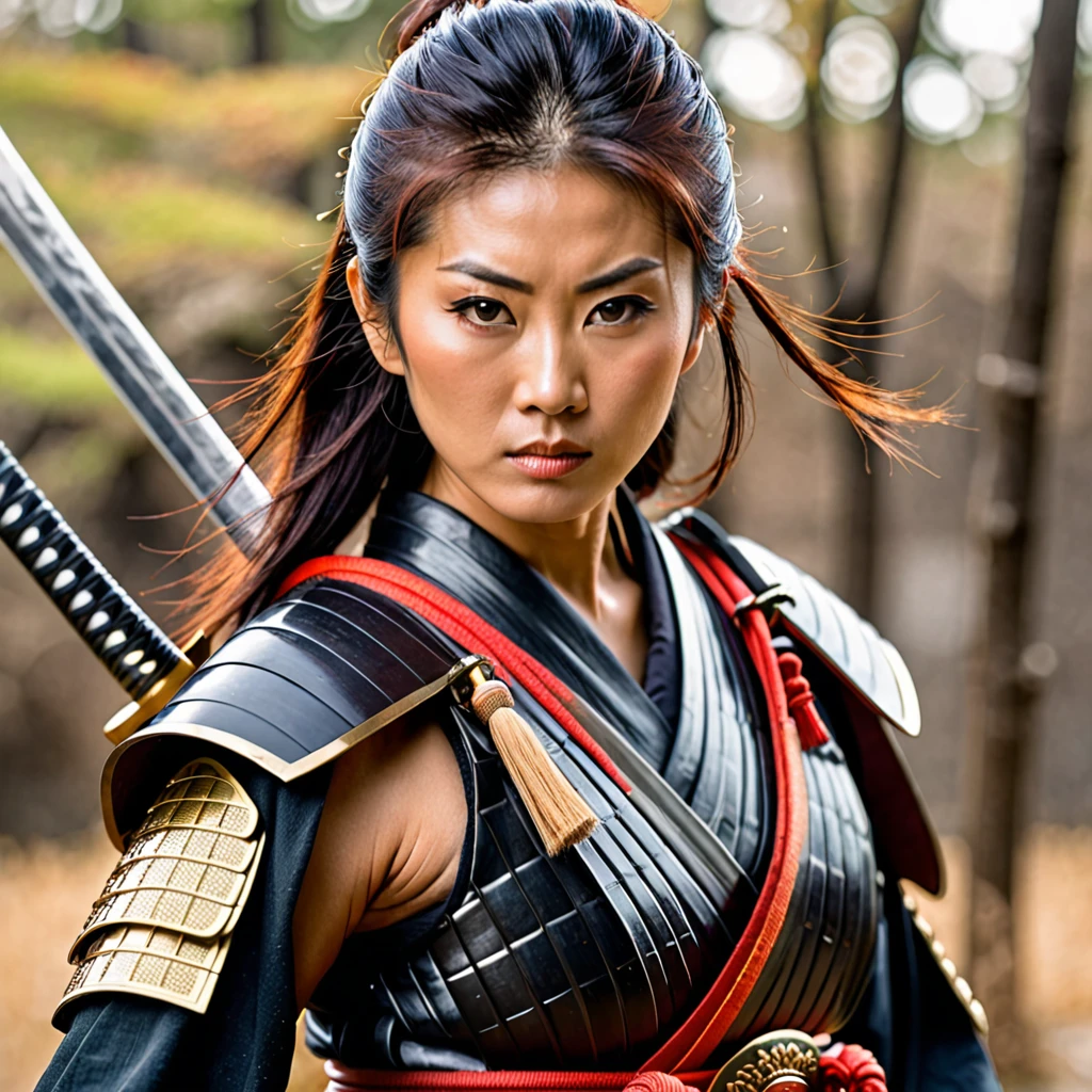 Japanese warrior woman with a katana, beautiful and fierce, with a detailed focus on her face and armor
