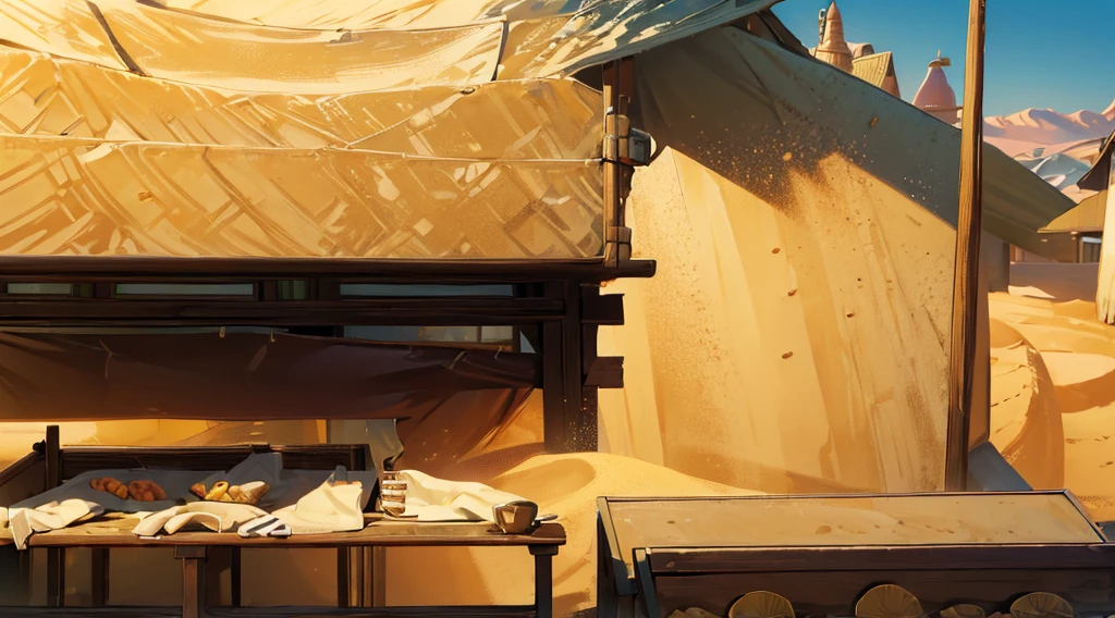 (sand ground, sand hill behind the stall:1.3), traditional market, market stall, market tens, dawn time, early morning,