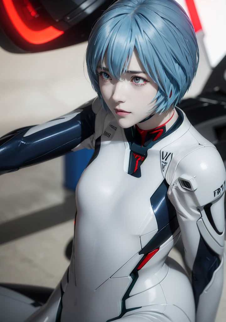 age Girl, Rei Ayanami, (Ayanami Rei:1.2), Blue Hair, short hair, (Red eyes:1.3),Bodysuits, headgear, Plug Suit, white Bodysuits, Realistic, 4K, photoRealistic, Highest quality, Research Room, Dramatic Light, Aloe Clapart-1000, Ray Tracing,Detail Shadow,Shot with the Fujifilm X-T4,85mm,F1.2,Sharp focus,Depth of written boundary,Blurred Background,Bokeh,Lens flare
