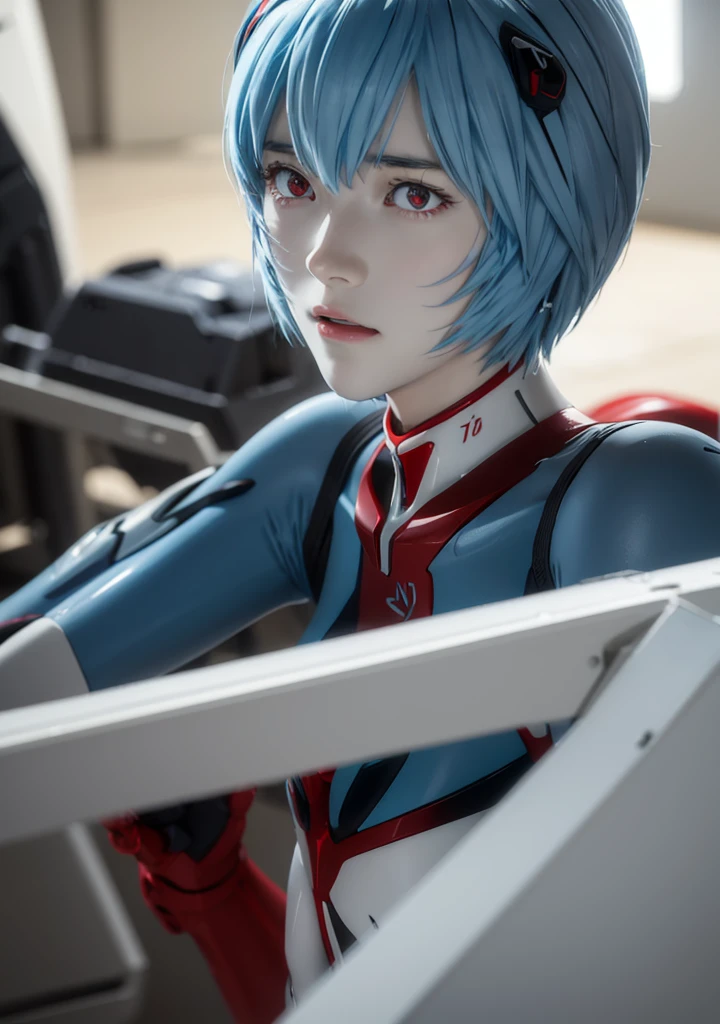 Teenage Girl, Rei Ayanami, (Ayanami Rei:1.2), Blue Hair, short hair, (Red eyes:1.3),Bodysuits, headgear, Plug Suit, white Bodysuits, Realistic, 4K, photoRealistic, Highest quality, Research Room, Dramatic Light, Aloe Clapart-1000, Ray Tracing,Detail Shadow,Shot with the Fujifilm X-T4,85mm,F1.2,Sharp focus,Depth of written boundary,Blurred Background,Bokeh,Lens flare