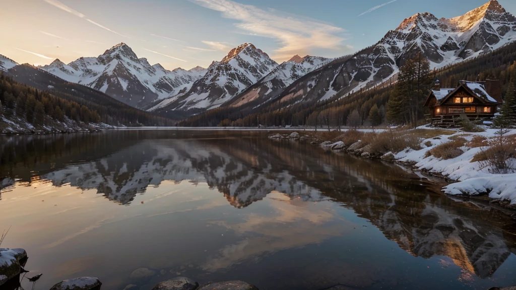 A stunning sunrise at a mountain cabin with a cup of coffee. The warm hues of the sun kiss the sky, painting it in shades of orange, pink, and gold as the light spills over the surrounding peaks. The image, most likely a photograph, captures the tranquility and beauty of the moment perfectly. The cozy cabin exudes a welcoming glow, with wisps of smoke rising from its chimney adding a touch of charm. This high-quality image transports viewers to a serene and peaceful getaway in nature, where every detail is bathed in the soft, ethereal light of dawn.
