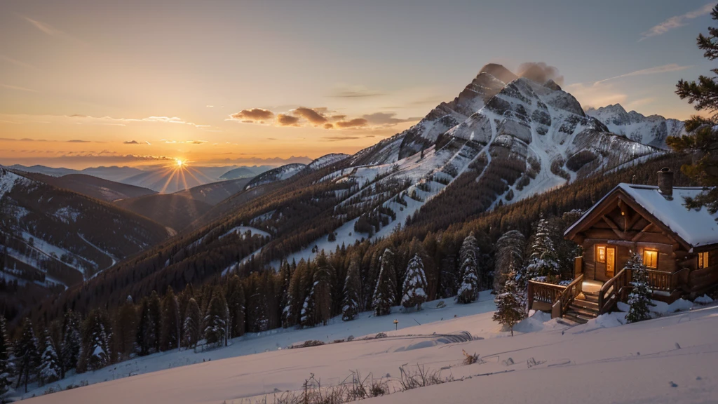 A stunning sunrise at a mountain cabin with a cup of coffee. The warm hues of the sun kiss the sky, painting it in shades of orange, pink, and gold as the light spills over the surrounding peaks. The image, most likely a photograph, captures the tranquility and beauty of the moment perfectly. The cozy cabin exudes a welcoming glow, with wisps of smoke rising from its chimney adding a touch of charm. This high-quality image transports viewers to a serene and peaceful getaway in nature, where every detail is bathed in the soft, ethereal light of dawn.