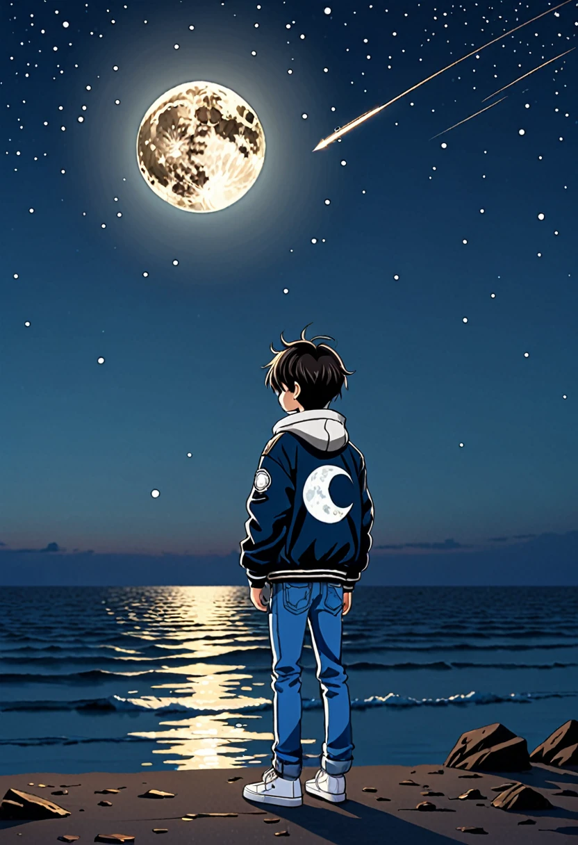 Full moon in the sky with shooting star
(character: a sad boy standing alone on the ocean side wear jacket and jeans)