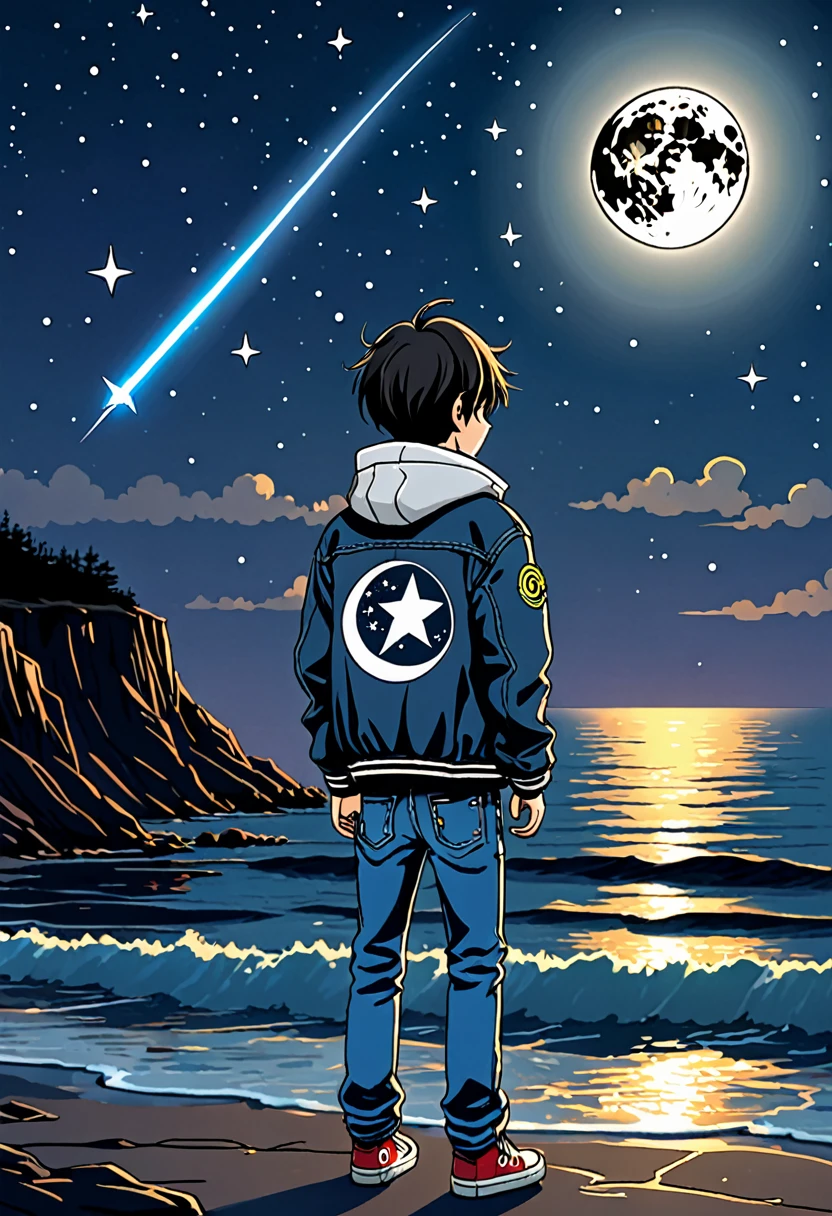 Full moon in the sky with shooting star
(character: a sad boy standing alone on the ocean side wear jacket and jeans)