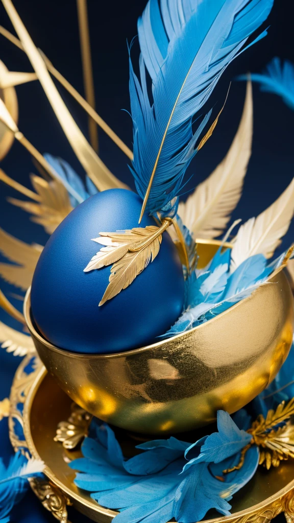 Feathers, gold, crested: blue, flesh drooping, blue, right oblique shot, menacing, 3 gold eggs