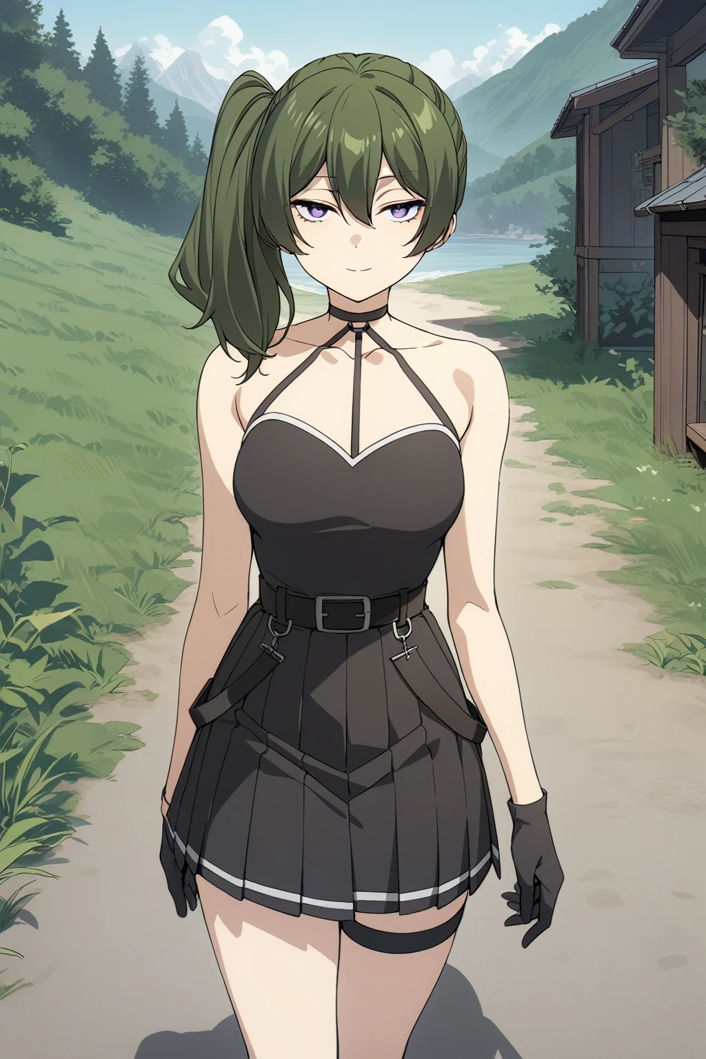 ubel,1girl,green hair, bangs,hair between eyes,side ponytail, purple eyes,
black choker, collarbone, sleeveless, black dress,sleeveless dress, halterneck,pleated skirt, black gloves,belt,black footwear,
looking at viewer, half-closed eyes, expressionless, smile,outdoors, 
masterpiece,best quality,