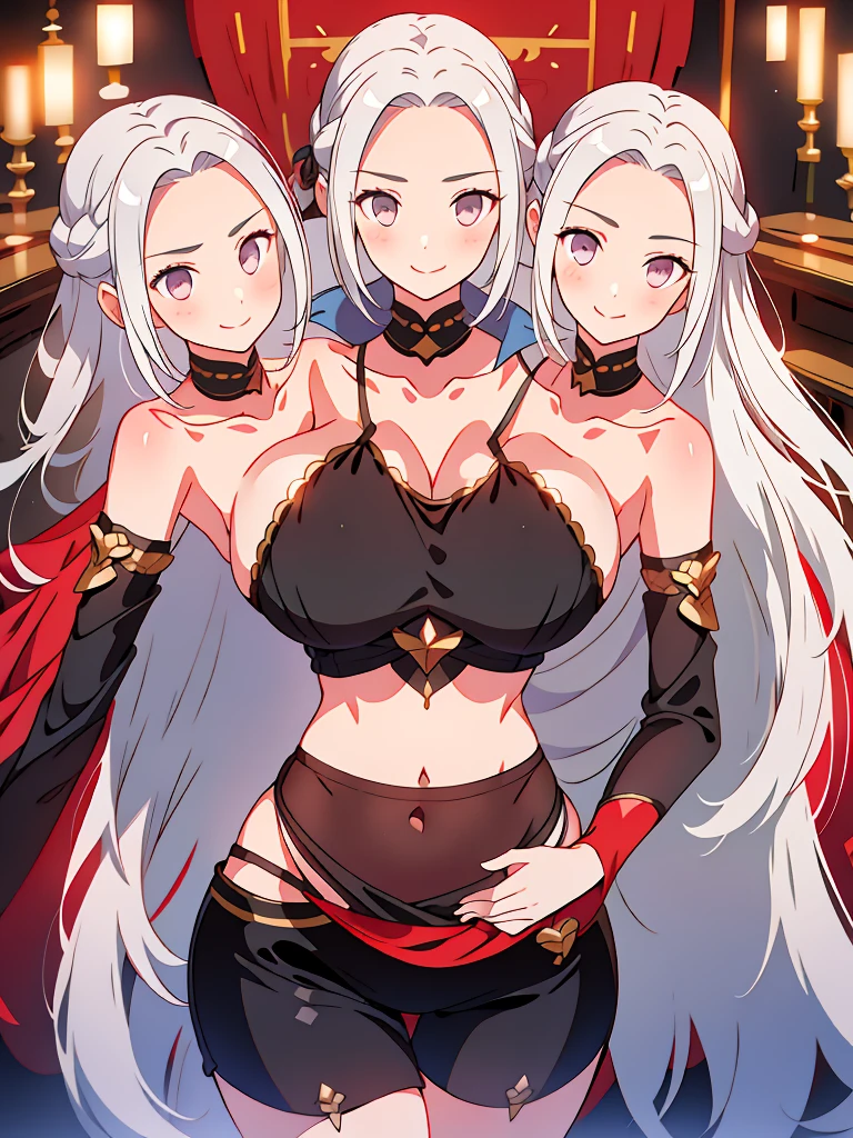 (masterpiece, best quality), best resolution, (3heads:1.5), 1girl, white-silver hair, long flowing hair, smiling, open belly, black crop top, red-nlack miniskirt, open breasts, huge tits,