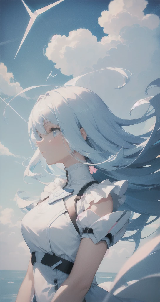 masterpiece, best quality, movie still, 1girl, floating in the sky, cloud girl, cloud, (close-up:1.1), bright, happy, fun, soft lighting, (Bauhaus, shapes, lines, abstract:1.1)