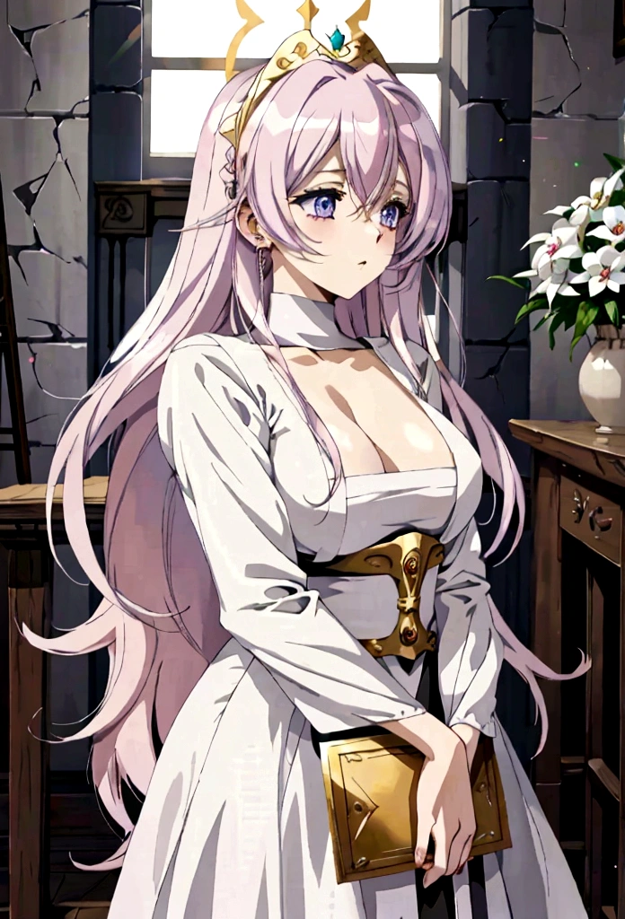 anime styling, best quality, pale white woman, Very Long Pastel Pink Hair, some wavy locks, bangss, purples eyes, nun, dressed in royal clothes in black and white tones full of golden details, body covered. Ela está orando com uma serious expression no rosto. The background must be illuminated by a holy light, with light particles floating in the air, to create a serene and spiritual environment. Medieval RPG theme. Whole body standing. Concept Art, Pose Model Sheet, from front view, lateral view, happy expression, serious expression, sad expression.