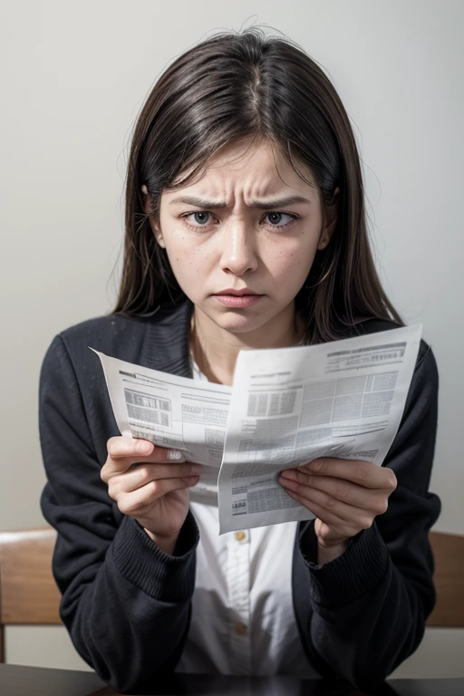 poor woman with papers in her hand extremely frustrated with her financial life