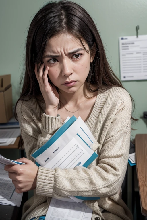 poor woman with papers in her hand extremely frustrated with her financial life