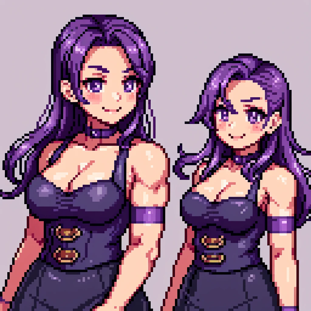 ( pixel art,:1.56), abigail from stardew valley, pixelated upper body sprite portrait from the shoulders up, pale mucular goth girl, (purple hair:1.2), enormous muscles, deltoid muscle, muscular trapezius muscle, muscular chest, abigail from stardew valley with muscle, abigail muscle mod, goth girl clothing, black chocker accesory, cute goth girl, cute smile, abigail stardew valley smile, big cute eyes, harmless eyes, reassuring eyes, pink blush, pixelated sprite, best quality, simple color palette, perfect anatomy