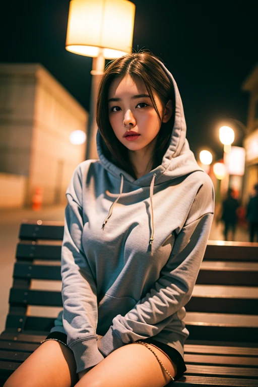 Sad theme , (best quality, masterpiece:1.2), 18yo beautiful girl sitting on Bench, (puffed big breast,adore face) grey hoody , (Street lamp background:1.3), shoot the Sony a7,3.5 mm Lens, f 1.8 apature, lighting glow effect,no retouching,raw photo realistic, skin texture is very detail ,no makeup, ,atmosphere is moody, smoking girl,